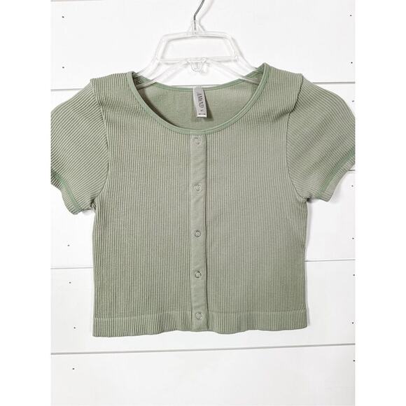 ANWND Women's Green Snap Ribbed Straight Hem Short Sleeve Crop Top Size M/L - Picture 2 of 10